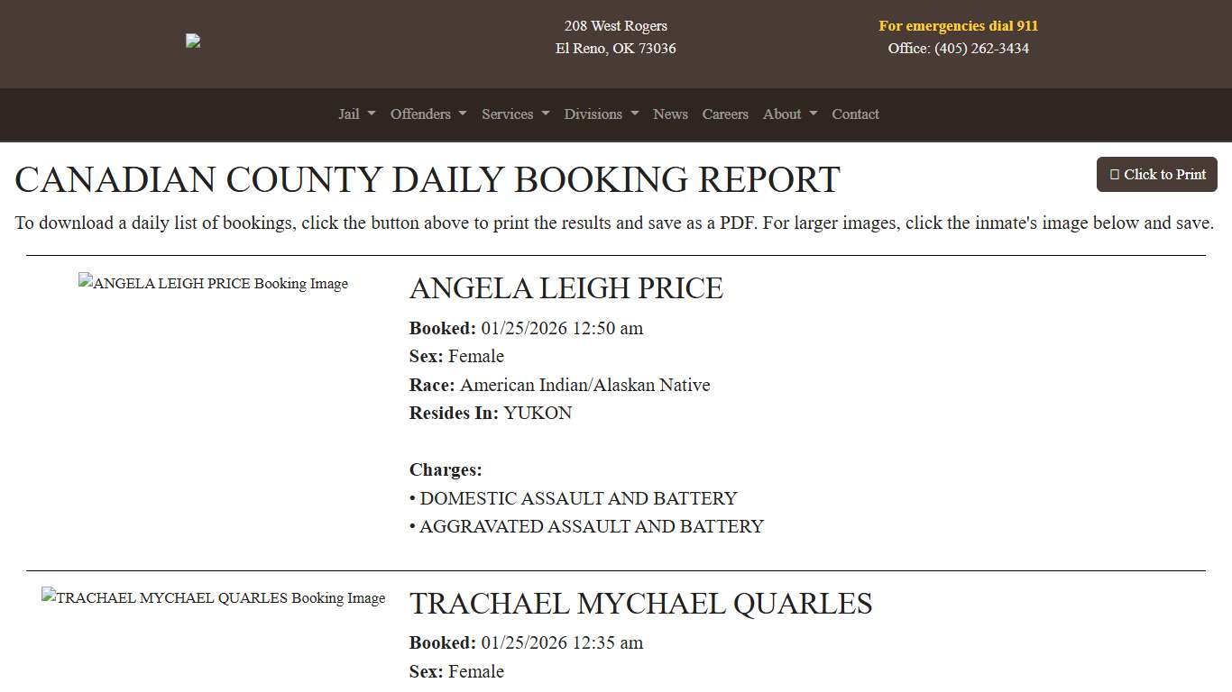 Daily Booking Report Canadian County Sheriff's Office